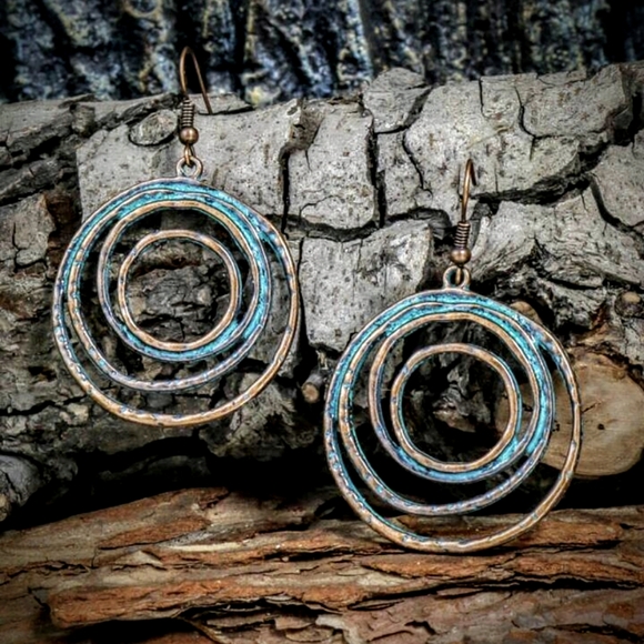 Boho Layered Circle Dangle Drop Earrings Vintage Petinaed Copper/Bronze Handmade - Picture 2 of 14